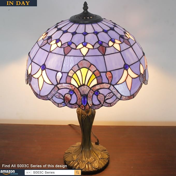WERFACTORY Tiffany Lamp Blue Purple Stained Glass Baroque Table Lamp Lavender Style Bedside Desk Light Metal Base 16X16X24 Inches Decor Bedroom Living Room Home Office S003C Series (Blue Baraque) - LeafyLoom