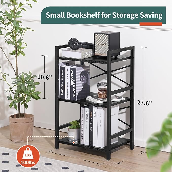 Yoobure Bookshelf Small Book Shelf, Solid Industrial 3 Tier Shelf Bookcase, Short Book Case for Bedroom, Living Room, Office Home, Small Spaces, Black - LeafyLoom