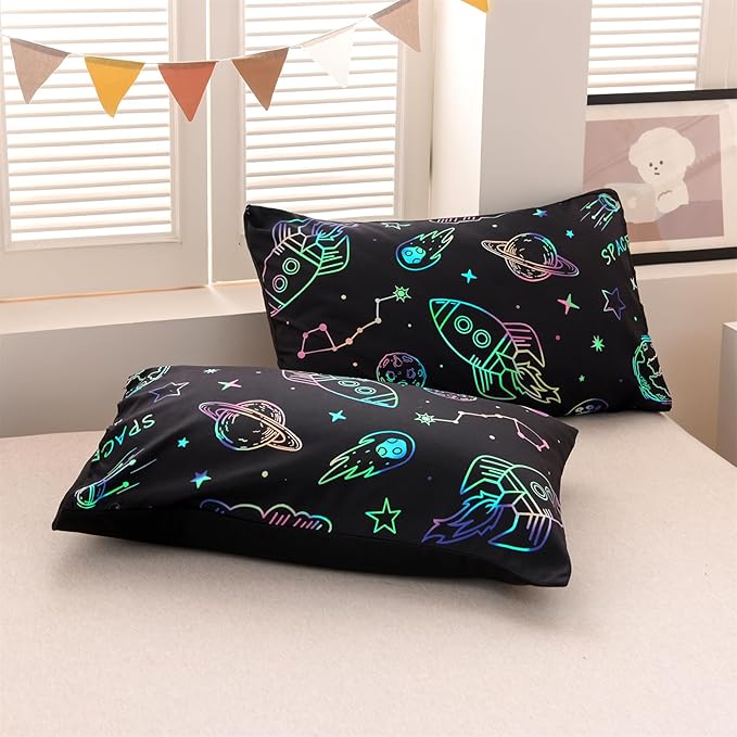 Aimuan Space Bedding Twin Bed Comforter Kids Rocket Bedding Set Super Soft & Cute Aliens UFO Printed for Boys Girls Teen (Black, Twin) - LeafyLoom