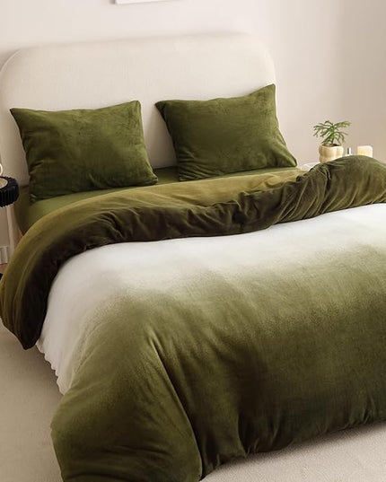 Wellboo Army Green Gradient Comforter Sets Full Green White Fluffy Bedding Comforters Modern Gradient Dark Green Flannel Quilts Farmhouse Abstract Art Watercolor Comforters Sherpa Fuzzy Plush Bedding - LeafyLoom