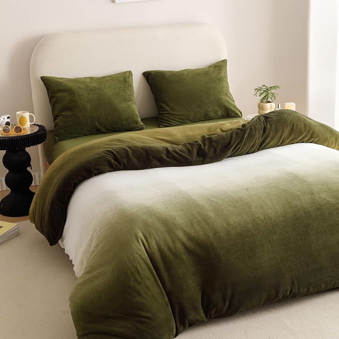 Wellboo Army Green Gradient Comforter Sets Full Green White Fluffy Bedding Comforters Modern Gradient Dark Green Flannel Quilts Farmhouse Abstract Art Watercolor Comforters Sherpa Fuzzy Plush Bedding - LeafyLoom