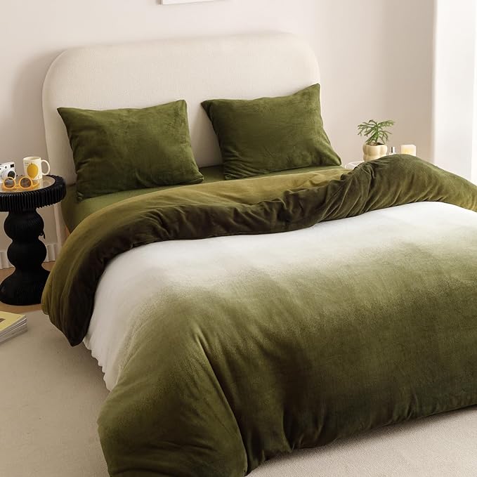 Wellboo Army Green Gradient Comforter Sets Queen Green White Fluffy Bedding Comforters Modern Gradient Dark Green Flannel Quilts Farmhouse Abstract Art Watercolor Comforters Sherpa Fuzzy Plush Bedding - LeafyLoom