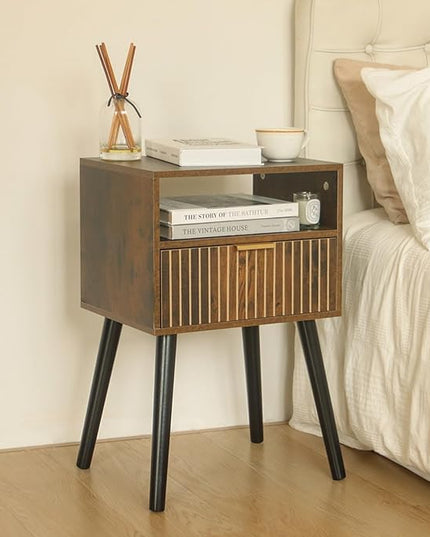 MaxSmeo Small Nightstand Wood Bedside Table with Drawer, Modern End Table for Bedroom and Small Spaces, Solid Wood Legs, Easy Assembly, Rustic Brown and Black - LeafyLoom