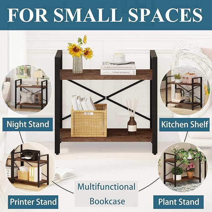 BON AUGURE Small Short Bookshelf, Wood 2 Shelf Etagere Bookcase, Metal Low Book Shelf for Small Spaces Living Room, Bedroom, Office (Rustic Oak) - LeafyLoom