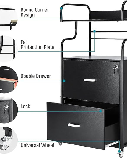 Vertical File Cabinet, 2 Drawer Mobile Filing Cabinet with 1 Bookshelf, Printer Stand with Open Storage Shelves Fits A4/Letter/Legal Size File Cabinets for Home Office Organizer, Black - LeafyLoom