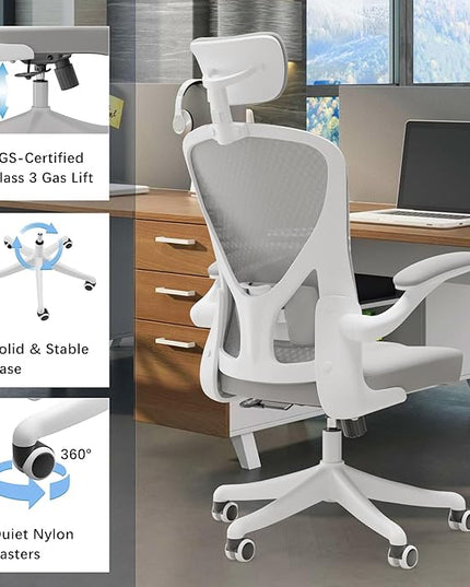Ergonomic Office Chair Home Desk Office Chair with Flip-Armrest & Cushion for Lumbar Support, high Back Computer Chair with Thickened Cushion Desk Chairs Ngray - LeafyLoom