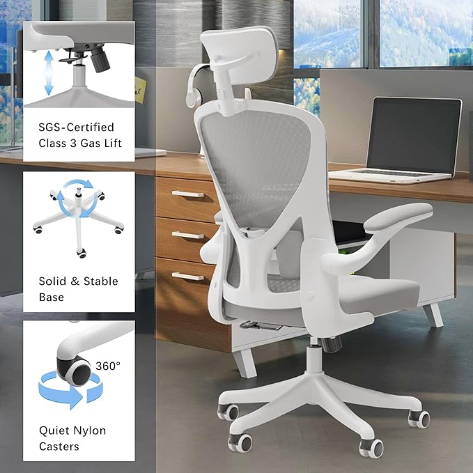 Ergonomic Office Chair Home Desk Office Chair with Flip-Armrest & Cushion for Lumbar Support, high Back Computer Chair with Thickened Cushion Desk Chairs Ngray - LeafyLoom