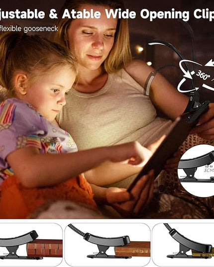 2 Pack Book Lights with Clamp, LLLPRT 10 LEDs Rechargeable USB Clip Reading Lamp with 3 Lighting Color, Stepless Dimming, Eye Friendly, 120 Hours Runtime, 360° Flexible Gooseneck, Lightweight,Portable - LeafyLoom