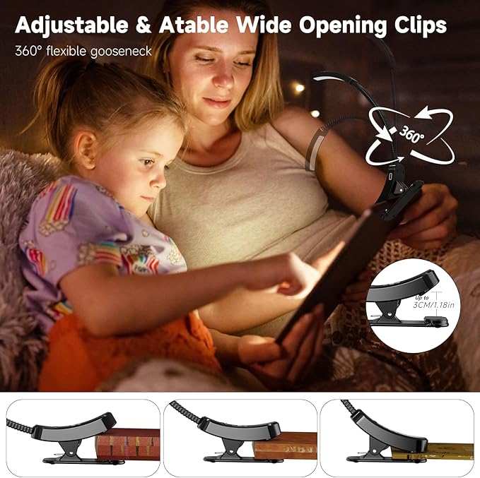 2 Pack Book Lights with Clamp, LLLPRT 10 LEDs Rechargeable USB Clip Reading Lamp with 3 Lighting Color, Stepless Dimming, Eye Friendly, 120 Hours Runtime, 360° Flexible Gooseneck, Lightweight,Portable - LeafyLoom