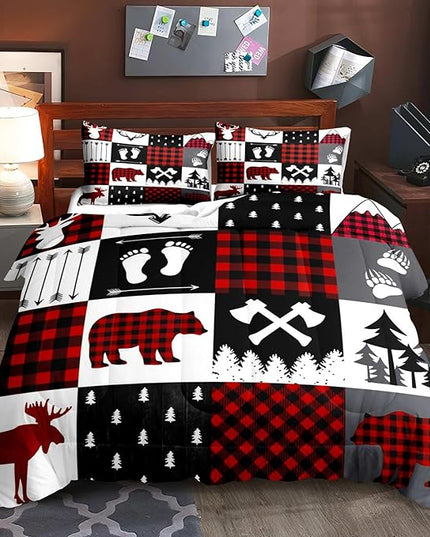 LUVIVIHOME 2PCS Rustic Cabin Comforter Set Twin Size, Christmas Bedding, Deer Bear White Red Black Plaid Patchwork Lodge Log Country Farmhouse Bedroom Decor, Soft Microfiber Quilt, 1 Pillow Sham - LeafyLoom