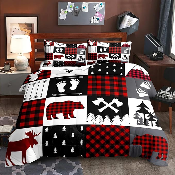 LUVIVIHOME 2PCS Rustic Cabin Comforter Set Twin Size, Christmas Bedding, Deer Bear White Red Black Plaid Patchwork Lodge Log Country Farmhouse Bedroom Decor, Soft Microfiber Quilt, 1 Pillow Sham - LeafyLoom
