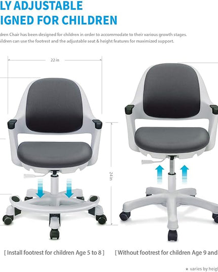Kids Desk Chair: Ergonomic Kids Computer Chair | Adjustable Kids Office Chair with Wheels & Arms | Study Chair for Girls and Boys - Kids Chair Desk with Wheel Covers (Cyber Gray) - LeafyLoom