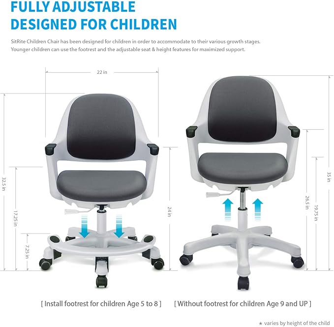 Kids Desk Chair: Ergonomic Kids Computer Chair | Adjustable Kids Office Chair with Wheels & Arms | Study Chair for Girls and Boys - Kids Chair Desk with Wheel Covers (Cyber Gray) - LeafyLoom