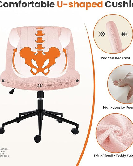 Sweetcrispy Criss Cross Office Chair with Wheels, Wide Armless Home Office Desk Chair with Dual-Purpose Base, Swivel Adjustable Teddy Fabric Task Vanity Computer Chair, Teddy Pink - LeafyLoom