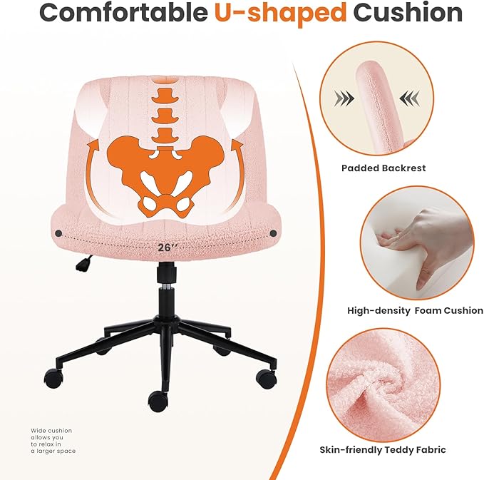 Sweetcrispy Criss Cross Office Chair with Wheels, Wide Armless Home Office Desk Chair with Dual-Purpose Base, Swivel Adjustable Teddy Fabric Task Vanity Computer Chair, Teddy Pink - LeafyLoom
