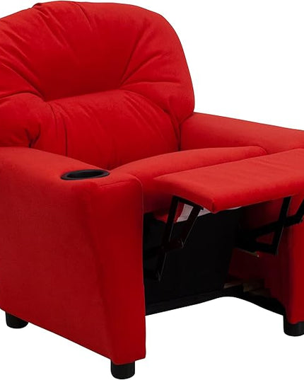 Flash Furniture Chandler Microfiber Kids Recliner with Cup Holder and Safety Recline, Contemporary Reclining Chair for Kids, Supports up to 90 lbs., Red - LeafyLoom