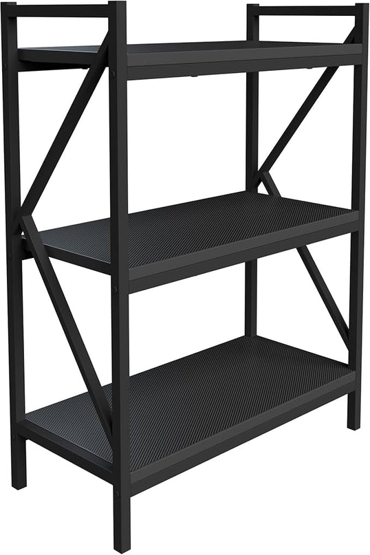 3 Shelf Bookcase - Console Table or Storage Shelf with Carbon Fiber Texture Finish and K Shaped Legs by Lavish Home (Black) - LeafyLoom
