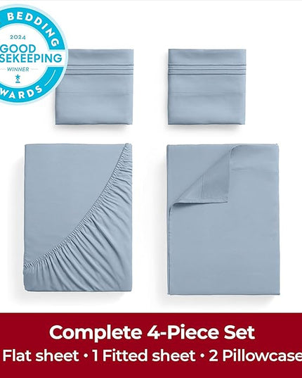 Mellanni Extra Deep California King Sheets - 4 PC Iconic Collection Bedding Sheets & Pillowcases - Luxury, Ultra Soft, Cooling Bed Sheets - Extra Deep Pocket up to 21 inch (Cal King, Blue Hydrangea) - LeafyLoom