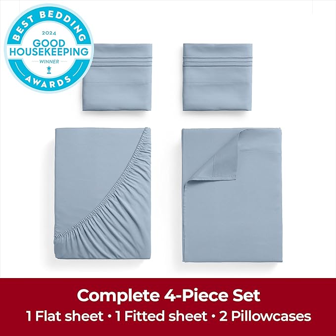 Mellanni Extra Deep King Sheets - 4 PC Iconic Collection Bedding Sheets & Pillowcases - Hotel Luxury, Ultra Soft, Cooling Bed Sheets - Extra Deep Pocket up to 21 inch (King, Blue Hydrangea) - LeafyLoom