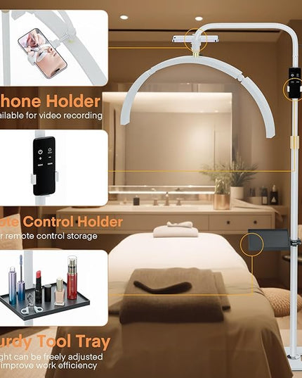 MYSWEETY Eyelash LED Floor Lamp, 29'' Foldable Half Moon Light for Lash Extension,Lash Lamp, Esthetician Light with Phone Holder & Stand Tray, Lash Light for Eyelash Tech, Tattoo, Salon, Nails - LeafyLoom