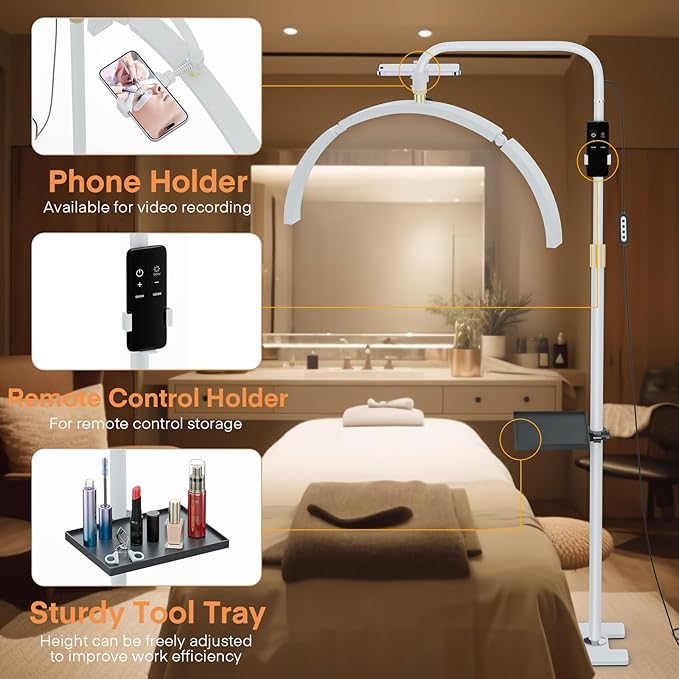 MYSWEETY Eyelash LED Floor Lamp, 29'' Foldable Half Moon Light for Lash Extension,Lash Lamp, Esthetician Light with Phone Holder & Stand Tray, Lash Light for Eyelash Tech, Tattoo, Salon, Nails - LeafyLoom