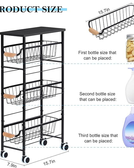 Slim Storage Cart, 4-Tier Narrow Rolling Cart，with Pull-Out Iron Basket, Sturdy Slim Storage Cabinet Iron and Wood Combination，Ideal for Kitchen, Bathroom, and Laundry Room, Black - LeafyLoom
