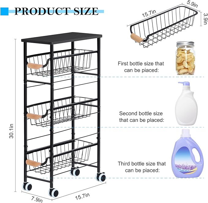 Slim Storage Cart, 4-Tier Narrow Rolling Cart，with Pull-Out Iron Basket, Sturdy Slim Storage Cabinet Iron and Wood Combination，Ideal for Kitchen, Bathroom, and Laundry Room, Black - LeafyLoom