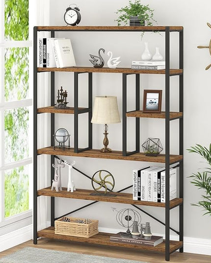 LVB Rustic Bookcases and Book Shelves, Metal Wood 6 Tier Bookshelf and Book Rack Storage, Industrial Vertical Display Etagere Book Case 6 Shelf, Vintage Large Book Shelf for Bedroom Living Room, Brown - LeafyLoom