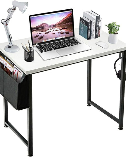 Lufeiya Small Computer Desk White Writing Table for Home Office Small Spaces 31 Inch Modern Student Study Laptop PC Writing Desks with Storage Bag Headphone Hook, White Black - LeafyLoom