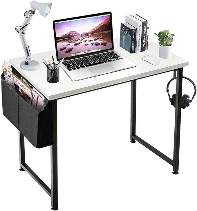 Lufeiya Small Computer Desk White Writing Table for Home Office Small Spaces 31 Inch Modern Student Study Laptop PC Writing Desks with Storage Bag Headphone Hook, White Black - LeafyLoom