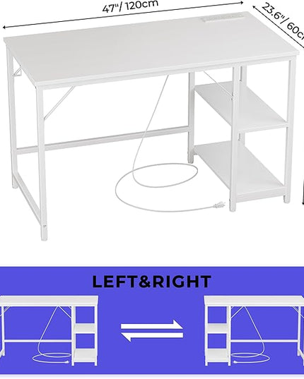 JOISCOPE 48 Inches Computer Office Desk with Table Power Outlets, Home Office White Desk with Storage Shelves and USB & Type-C Outlet for Bedroom, Home Office, Morden Simple Writing Table, White - LeafyLoom