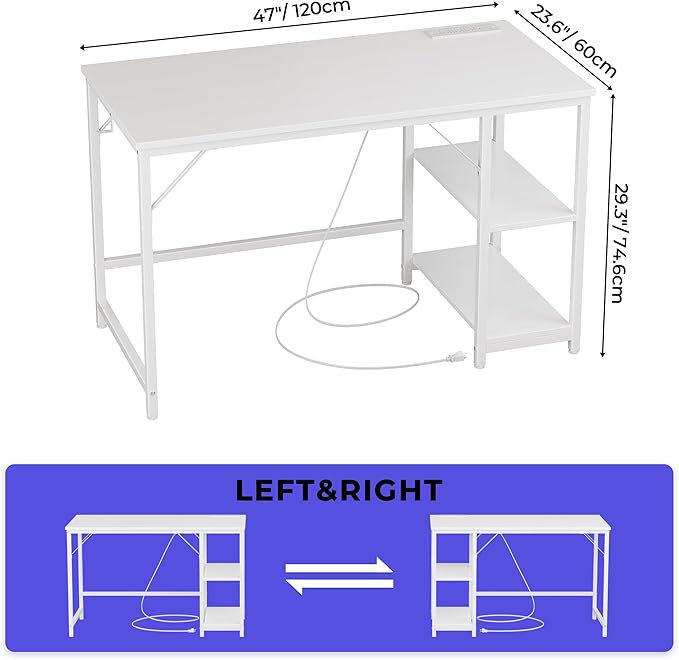 JOISCOPE 48 Inches Computer Office Desk with Table Power Outlets, Home Office White Desk with Storage Shelves and USB & Type-C Outlet for Bedroom, Home Office, Morden Simple Writing Table, White - LeafyLoom
