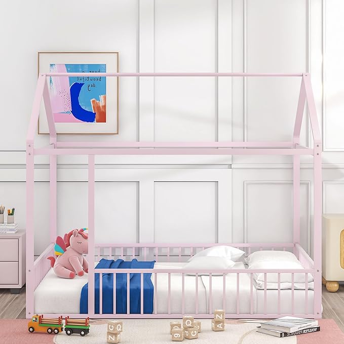 RITSU Full Size Montessori Floor Bed, Metal House Bedframe with Fence, Robust Construction is Used, for Children'S Rooms, Boys Girls, No Box Spring Needed, Easy Assembly, Pink - LeafyLoom