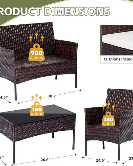 Patio Furniture Set,4 Piece Garden Conversation Set, Outdoor Wicker Rattan Table and Chairs, Black Patio Set, Sectional Sofa with Thick Cushion for Garden, Yard, or Porch (Brown/Beige) - LeafyLoom
