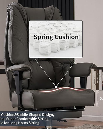 Big and Tall Office Chair 400lbs Wide Seat, Leather High Back Executive Office Chair with Foot Rest, Ergonomic Office Chair Lumbar Support for Lower Back Pain Relief (Grey) - LeafyLoom