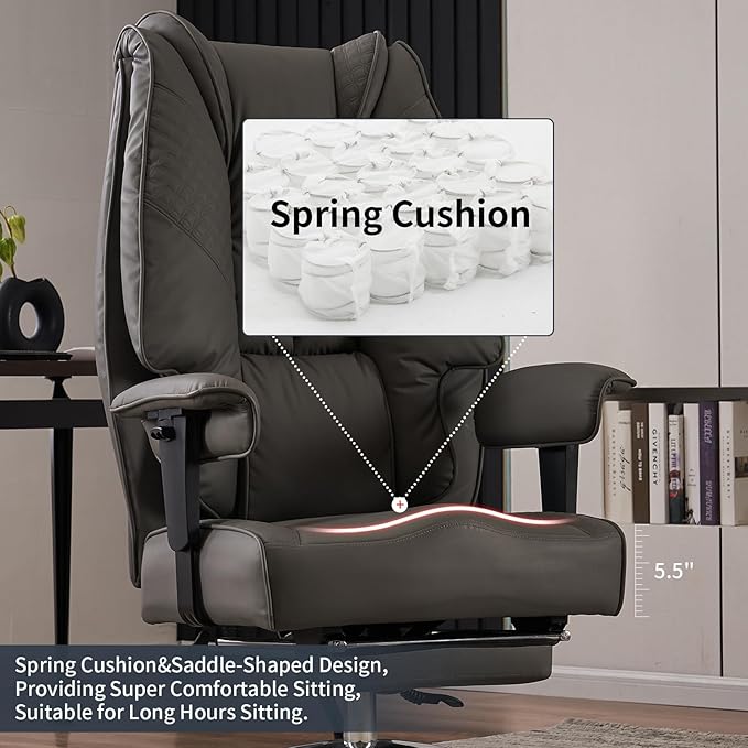 Big and Tall Office Chair 400lbs Wide Seat, Leather High Back Executive Office Chair with Foot Rest, Ergonomic Office Chair Lumbar Support for Lower Back Pain Relief (Grey) - LeafyLoom