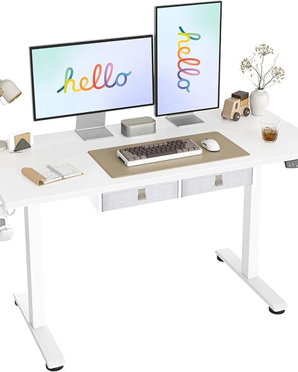 Standing Desk with 2 Drawers, Adjustable Height Electric Desk with Storage, 55 x 24 Inches Sit Stand Up Computer Table for Work Office Home, White - LeafyLoom