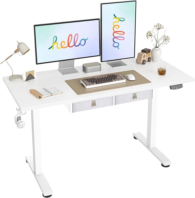 Standing Desk with 2 Drawers, Adjustable Height Electric Desk with Storage, 55 x 24 Inches Sit Stand Up Computer Table for Work Office Home, White - LeafyLoom