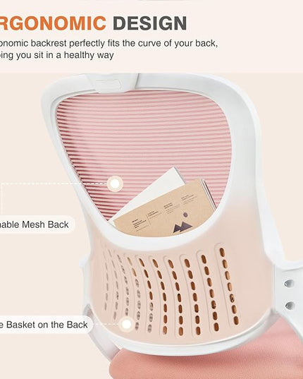 Sweetcrispy Office Computer Desk Chair, Ergonomic High-Back Mesh Rolling Work Chairs with Wheels and Adjustable Headrests, Comfortable Lumbar Support, Comfy Armrest for Home, Bedroom, Study, Pink - LeafyLoom