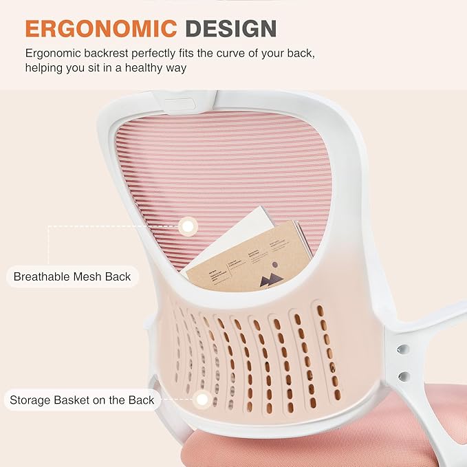 Sweetcrispy Office Computer Desk Chair, Ergonomic High-Back Mesh Rolling Work Chairs with Wheels and Adjustable Headrests, Comfortable Lumbar Support, Comfy Armrest for Home, Bedroom, Study, Pink - LeafyLoom