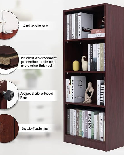 Sunon 4 Shelf Wood Bookcase Freestanding Display Shelf Adjustable Layers Bookshelf for Home Office Library Small Narrow Space (Mahogany, 4-Layers) - LeafyLoom