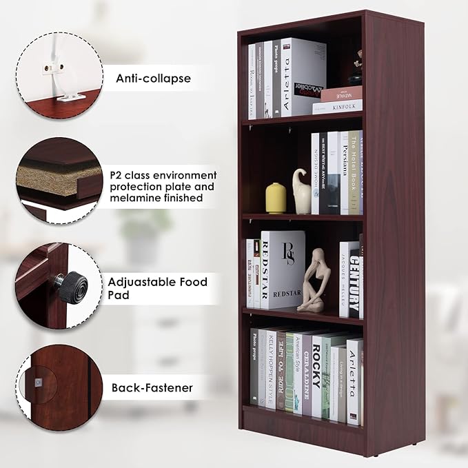 Sunon 4 Shelf Wood Bookcase Freestanding Display Shelf Adjustable Layers Bookshelf for Home Office Library Small Narrow Space (Mahogany, 4-Layers) - LeafyLoom
