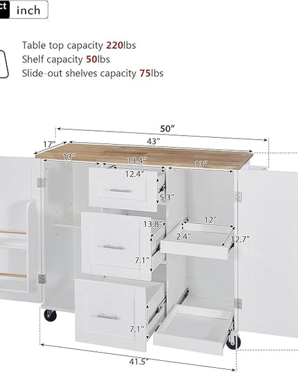 Kitchen Island with Storage, Spice Rack & Tower Rack, Mobile Rolling Kitchen-Cart on Wheels w/Rubber Wood Top, 3 Drawer, 2 Slide-Out Shelf and Internal Storage Rack - LeafyLoom