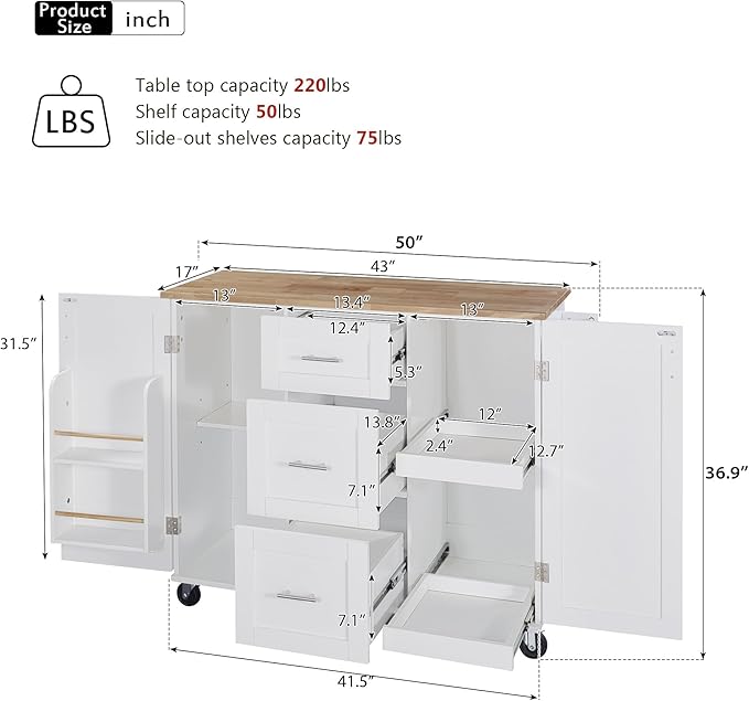 Kitchen Island with Storage, Spice Rack & Tower Rack, Mobile Rolling Kitchen-Cart on Wheels w/Rubber Wood Top, 3 Drawer, 2 Slide-Out Shelf and Internal Storage Rack - LeafyLoom
