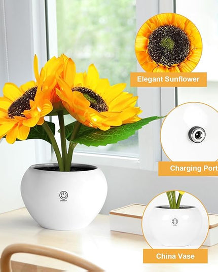 Rechargeable Sunflower Table Lamp - LED Artificial Flowers Desktop Lamp Night Light with Porcelain Vase, Cordless Touch Lamp for Bedroom Living Room Desk Decor, Birthday Gift for Her Girl Mom - LeafyLoom