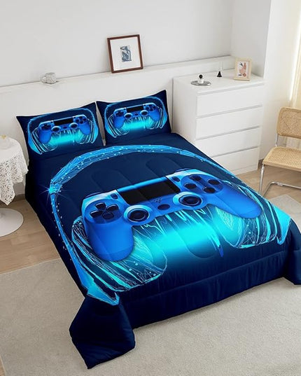 Gamer Comforter Set King Size,Blue Headphones Musical Design Games Gamepad Bedding Set for Kids Boys Video Game Room Decor Retro Playing Gamer Down Comforter Gaming Controller Quilted Duvet Set - LeafyLoom