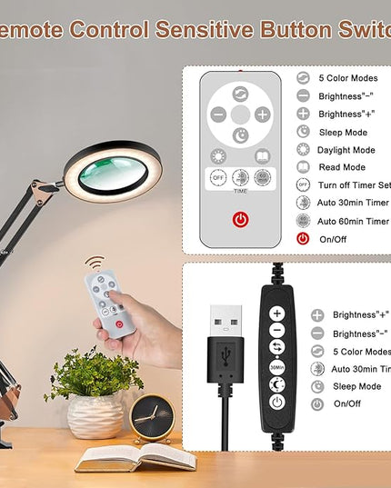Magnifying Glass with Light, 5 Color Modes Stepless Dimmable 2-in-1 Desktop Lamp and Clamp, LED Lighted Magnifier with Light and Stand, Hands Free for Craft Repair Hobby Painting Close Work - LeafyLoom