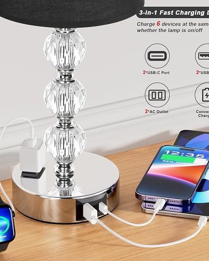 Acaxin Bedside Table Lamps for Bedrooms Set of 2 Nightstand- Crystal Table Lamps with USB C+A Ports & AC Outlet for Charging, 3 Way Dimmable Touch Silver Small Bed Side Table Lamp for Guest Room - LeafyLoom