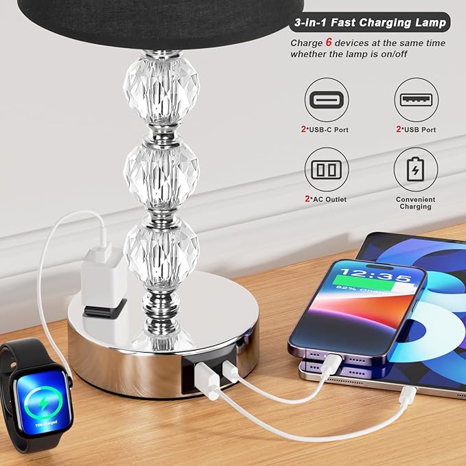 Acaxin Bedside Table Lamps for Bedrooms Set of 2 Nightstand- Crystal Table Lamps with USB C+A Ports & AC Outlet for Charging, 3 Way Dimmable Touch Silver Small Bed Side Table Lamp for Guest Room - LeafyLoom