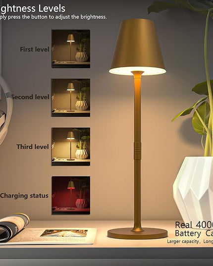 LED CordlessTable Lamp,4000mAh Rechargeable Battery Desk lamp,3 Level Brightness Beside Night Light, Minimalist Design, for Couple Dinner/Coffee Table/Restaurant/Bedroom(Bronze 4PACK) - LeafyLoom